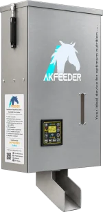 AK Feeder automatic horse feeder, stainless steel unit seen from an angle