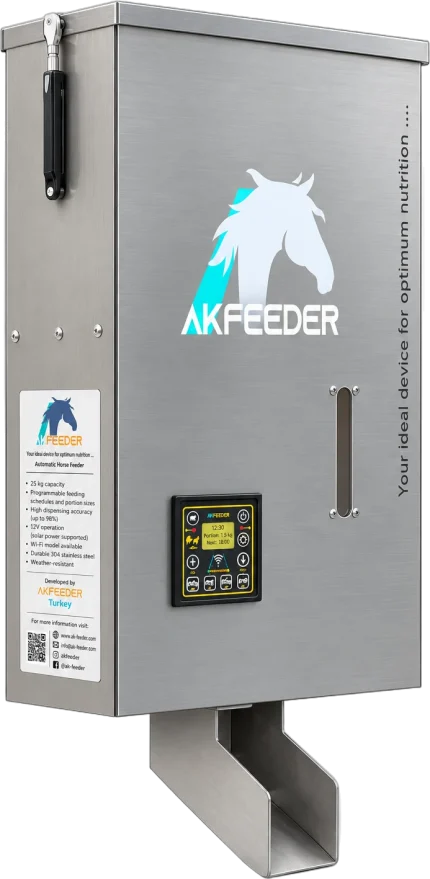 AK Feeder automatic horse feeder, stainless steel unit seen from an angle