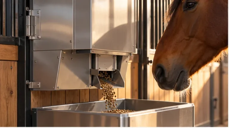 Stainless steel automatic horse feeder dispensing pellets into a trough as a horse looks on