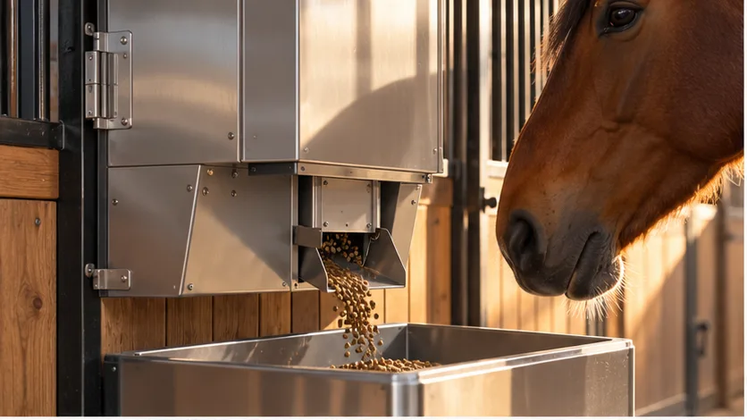 Stainless steel automatic horse feeder dispensing pellets into a trough as a horse looks on