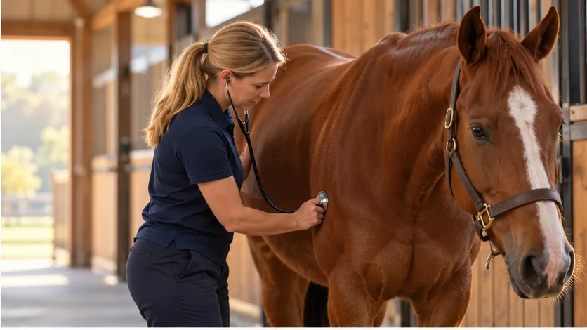 Equine vet listening to a chestnut horse's belly with a stethoscope in a stable