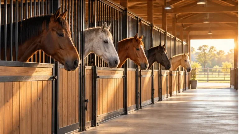 Five horses looking out of their stalls in a stable aisle at sunrise