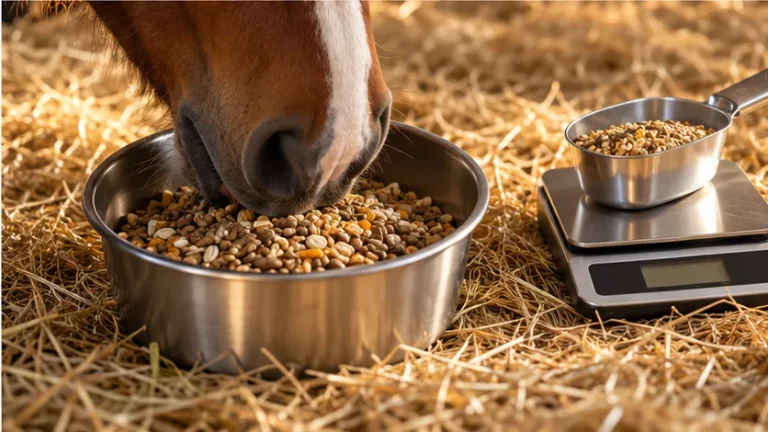 Horse eating a small measured portion of feed from a stainless steel bowl, with a scoop of feed on a kitchen scale