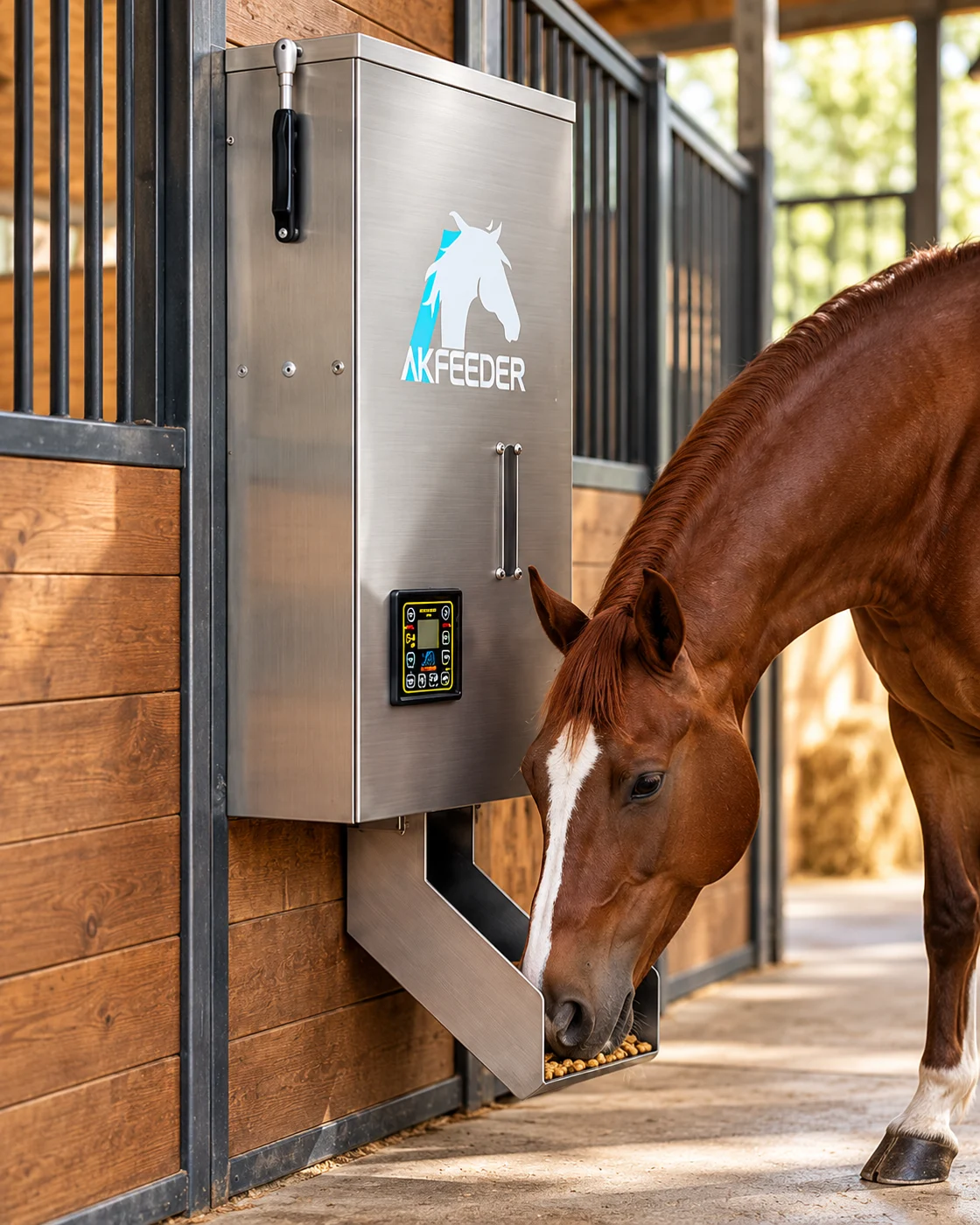 Horse in its stall next to a wall-mounted AK Feeder automatic feeder