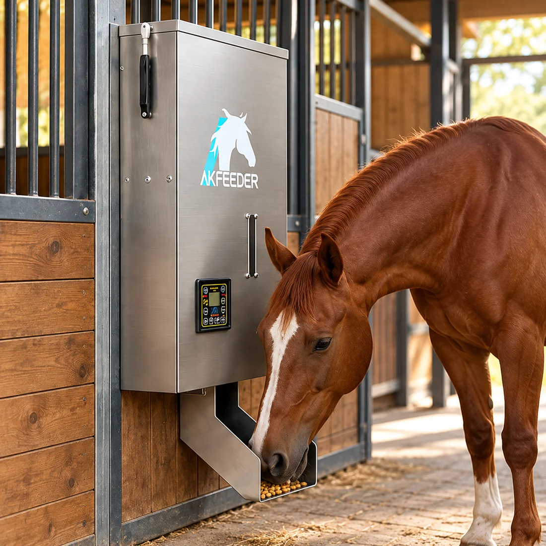AK Feeder automatic feeder mounted in a horse stall